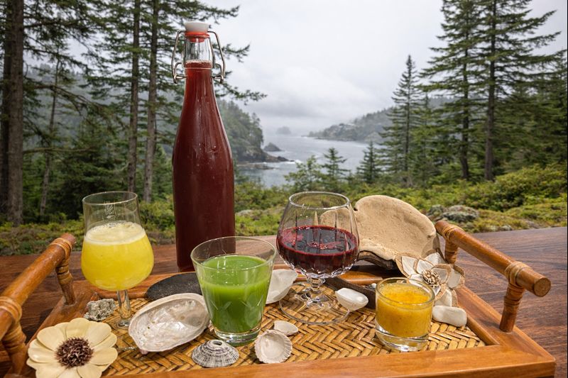 Colorful drinks presented against the Sitka coastline